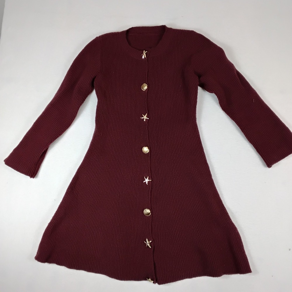 SHEIN Womens Burgundy Ribbed Knit Button Front Dress Gold Starfish Shell Buttons